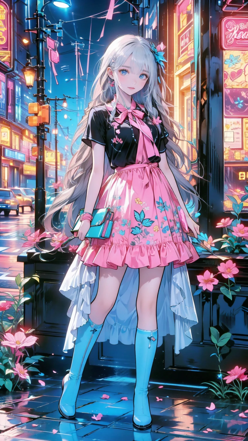 ( masterpiece : 1.2), (  very detailed: 1.2), (  very detailed CG: 1.2), (  high image quality: 1.2), (最  high image quality), 8k,  animated illustration  , 、  beautiful girl 、とても  cute天使、  pink gothic dress 、  cute、*********、smile、  long skirt、  Black Long Boots  、  grey pink pants ，Turquoise Eye，  cute女性 *****，street，  Candy Store  ， sign，European Buildings，slate paved  ，Rose flower，
