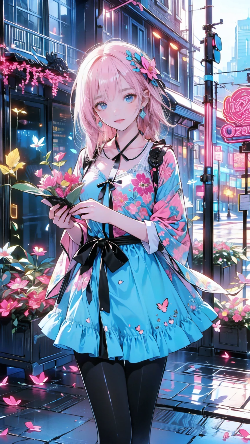 ( masterpiece : 1.2), (  very detailed: 1.2), (  very detailed CG: 1.2), (  high image quality: 1.2), (最  high image quality), 8k,  animated illustration  , 、  beautiful girl 、とても  cute天使、  pink gothic dress 、  cute、*********、smile、  long skirt、  Black Long Boots  、  grey pink pants ，Turquoise Eye，  cute女性 *****，street，  Candy Store  ， sign，European Buildings，slate paved  ，Rose flower，
