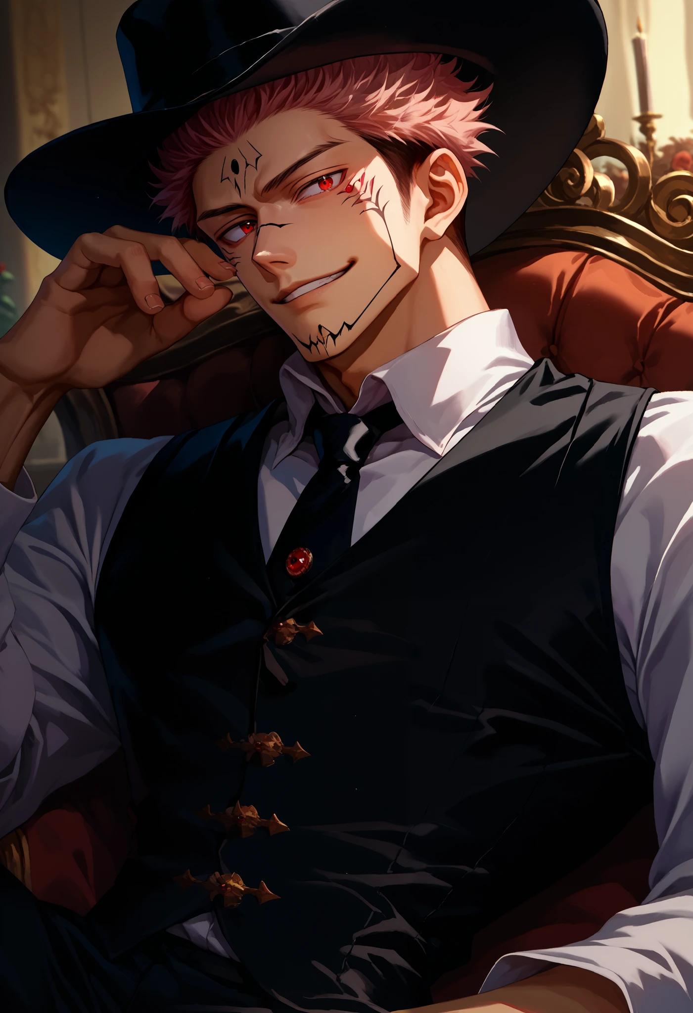 source_anime, solo, male focus, 1boy, ryomen sukuna, facial tattoo, extra eyes, smirk, looking at viewer, 1 man,looking_at_screen, masterpiece, best quality, solo,wearing black trousers, white shirt and victorian classic black vest ,black tie,black cowboy hat ,(masterpiece:1.3),(Highest quality:1.4),(Very detailedな:1.5),High resolution,Very detailed,8K,Double-sided Sukuna, 、Red eyes, black cowboy hat
