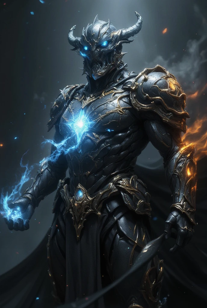 This image shows a character wearing black and gold armor with some blue glowing elements. The character's pose is very dynamic, as if casting a fireball with flames shooting out from their hands. The armor is intricately designed with complex textures and decorations, giving it a very ornate appearance. The background is dark with some light spots, adding a mysterious and dramatic atmosphere.