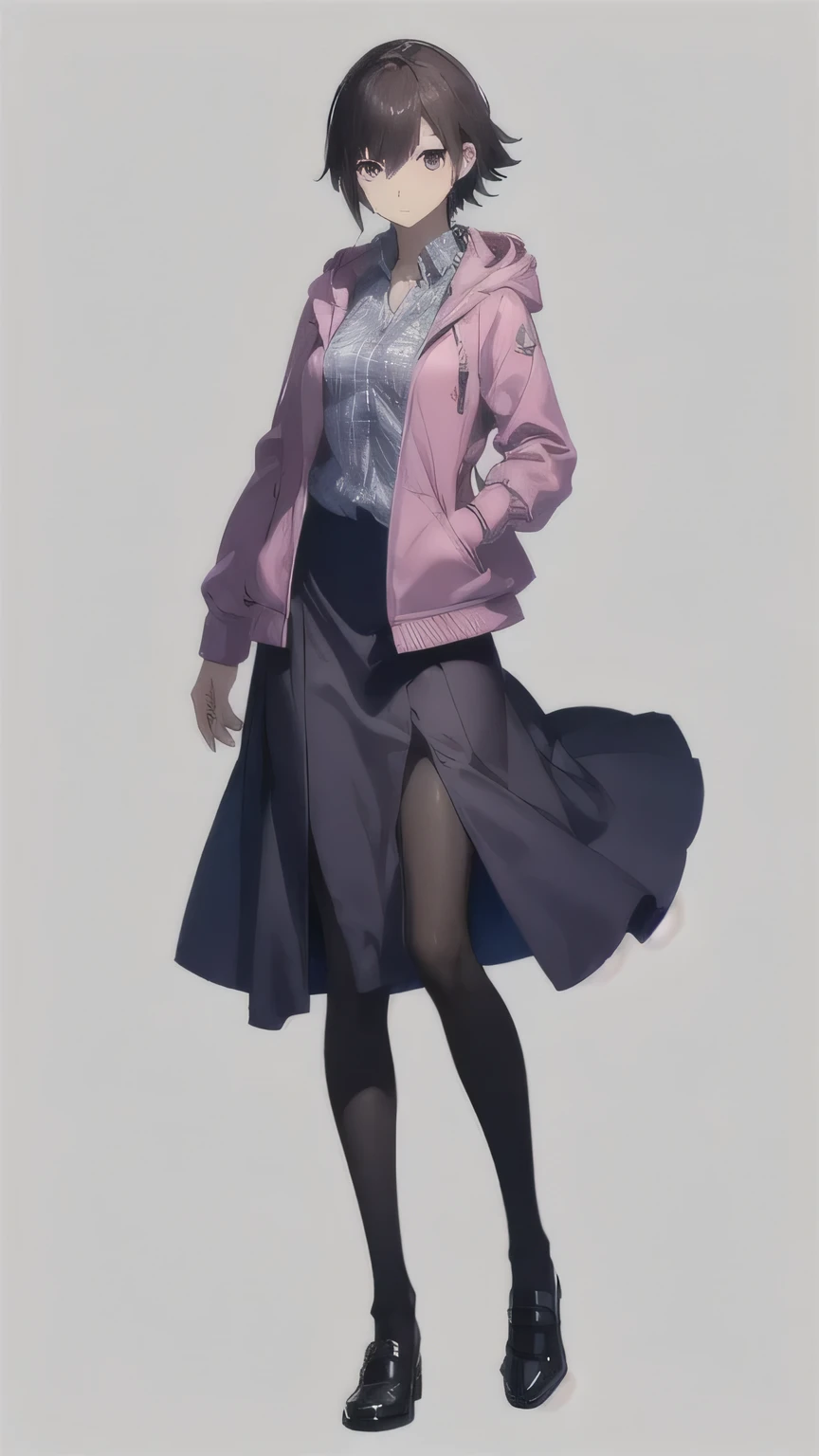 {best quality, masterpiece, high resolution}, solo, {{full body:0.7}}, dx2mc, short hair, purple eyes, brown hair, shirt, hoodie, pink jacket, long skirt, black stockings, Roy Stockings, blue shoes{white_background:0.8}, closed_mouth