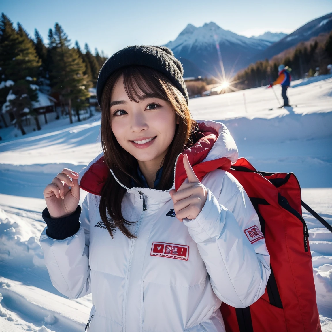 masterpiece、4K、 top quality 、 beautiful Japanese woman、  detailed description  、 1 girl、23 years old、(Ski wear)、(It's skiing :1.1)、(movie, Ilford HP5, 80mm)、   depth of border written 、 shot by a cowboy 、smile, ski resort,Ski wearを着ている, can be lowered to see the chest,The ski is stuck in the snow 