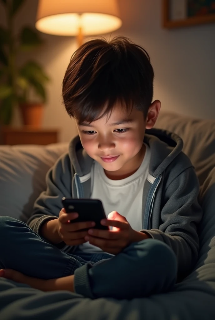 A boy lying on bed usin smartphone.