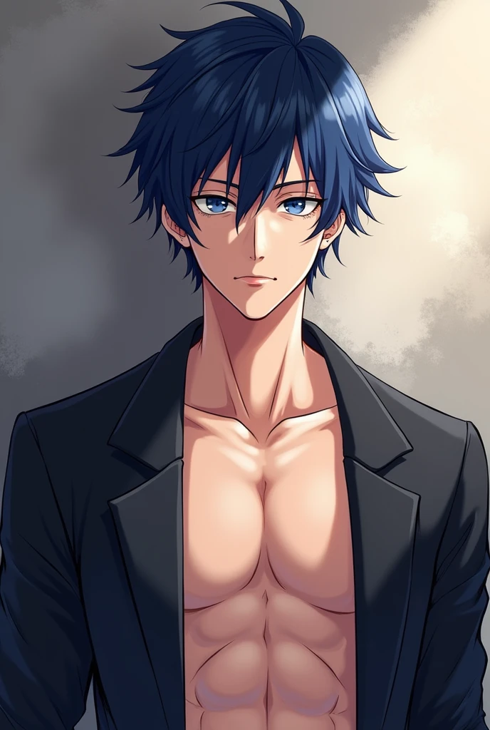masterpiece, best quality, high quality, 1boy, solo, male focus, looking at viewer, upper body, <lora:yui_kemono_jihen:0.72>, yui_kemono_jihen, blue hair, blue eyes, hair between eyes, long hair, ,