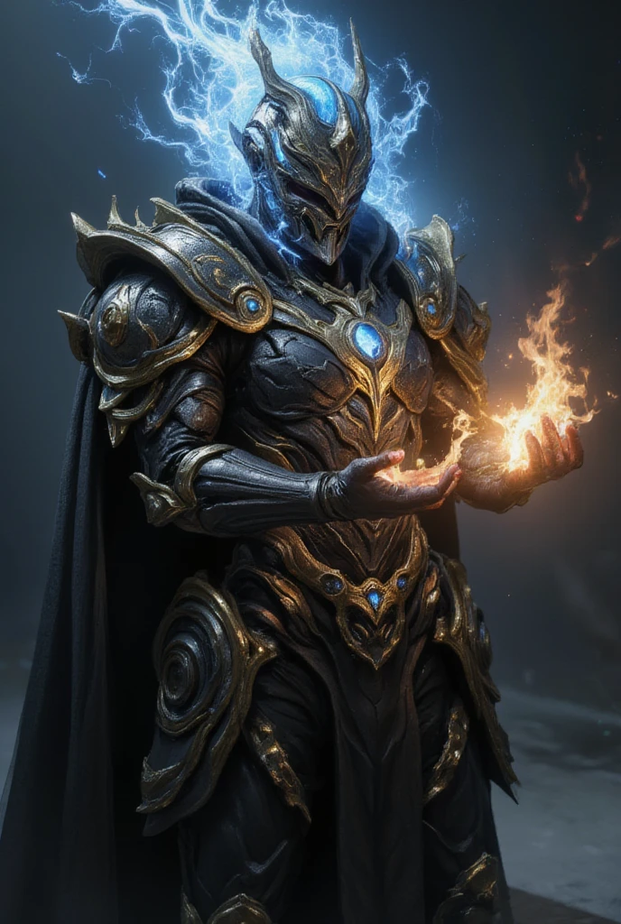 This image shows a character wearing black and gold armor with some blue glowing elements. The character's pose is very dynamic, as if casting a fireball with flames shooting out from their hands. The armor is intricately designed with complex textures and decorations, giving it a very ornate appearance. The background is dark with some light spots, adding a mysterious and dramatic atmosphere.