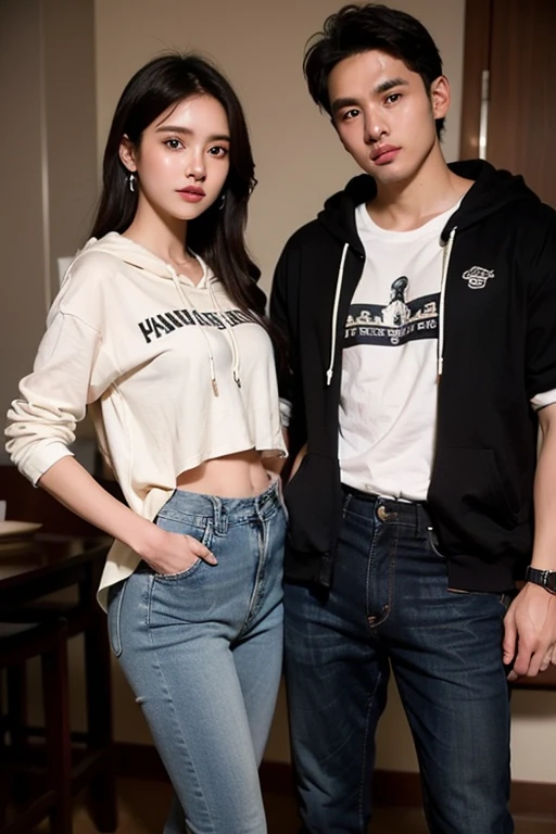 create image of short haired attractive korean girl n boy wearing a black Hoodie and short jeans pants , on a mission to infiltrate enemy operation base together, they are leaning on each other back and watching each other , setting in dense forest , heavy rain