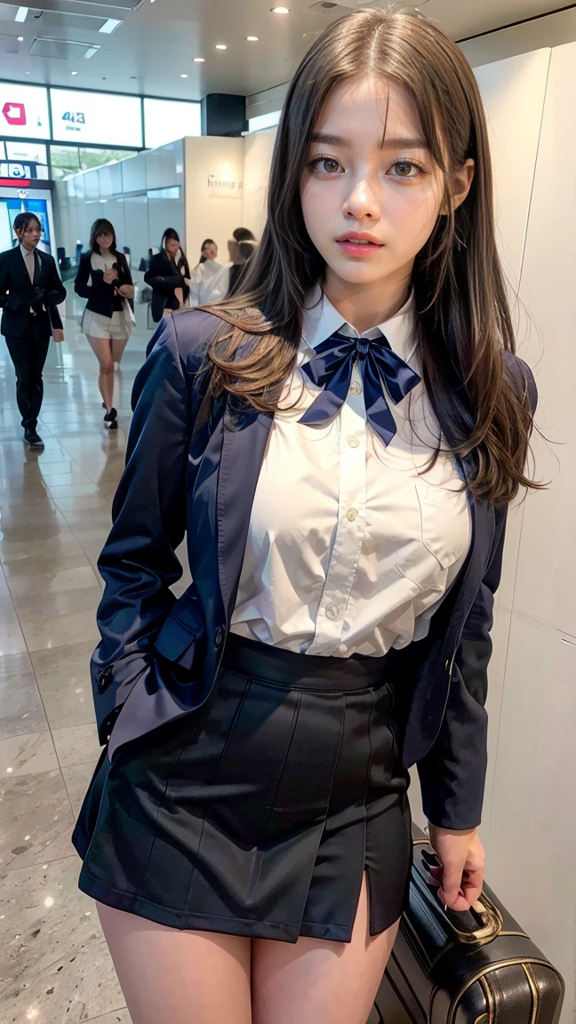 masterpiece, best quality, illustration, Super detailed, fine details, High resolution, 8K,wall paper, perfect dynamic composition,(Details High quality, realistic depiction of eyes:1.3), (Toilet cubicles:1.2), (urinal)、High school girl uniform、blazer 、Super Short Check Uniform Skirt、Navy blue high socks、garterbelts、 large breasts, expresses the roundness and softness of your chest, Don't expose it、Disturbed uniform, ponytail, black hair color, Big Natural Color Lip, perfect body shape, crying a little、Harajuku style、20 year old girl、cute type, beautiful legs, Gravure Idol