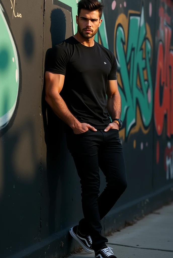 Panel de One piece comic. A boy with tired blue eyes, attractive and calm look at the same time, smooth lips, hip length black hair, messy and fluffy, muscled body, dark navy blue t-shirt, black pants and black shoes.