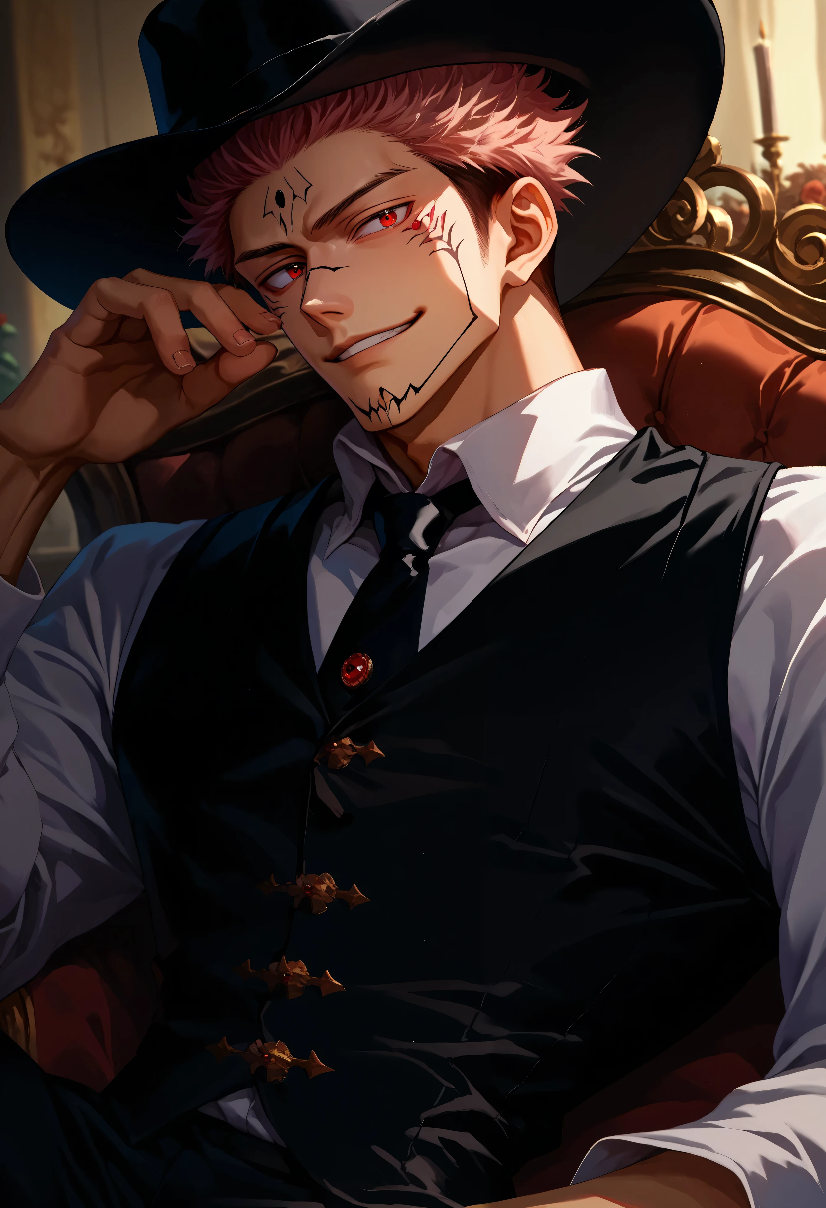 source_anime, solo, male focus, 1boy, ryomen sukuna, facial tattoo, extra eyes, smirk, looking at viewer, 1 man,looking_at_screen, masterpiece, best quality, solo,wearing black trousers, white shirt and victorian classic black vest ,black tie,black cowboy hat ,(masterpiece:1.3),(Highest quality:1.4),(Very detailedな:1.5),High resolution,Very detailed,8K,Double-sided Sukuna, 、Red eyes, black cowboy hat