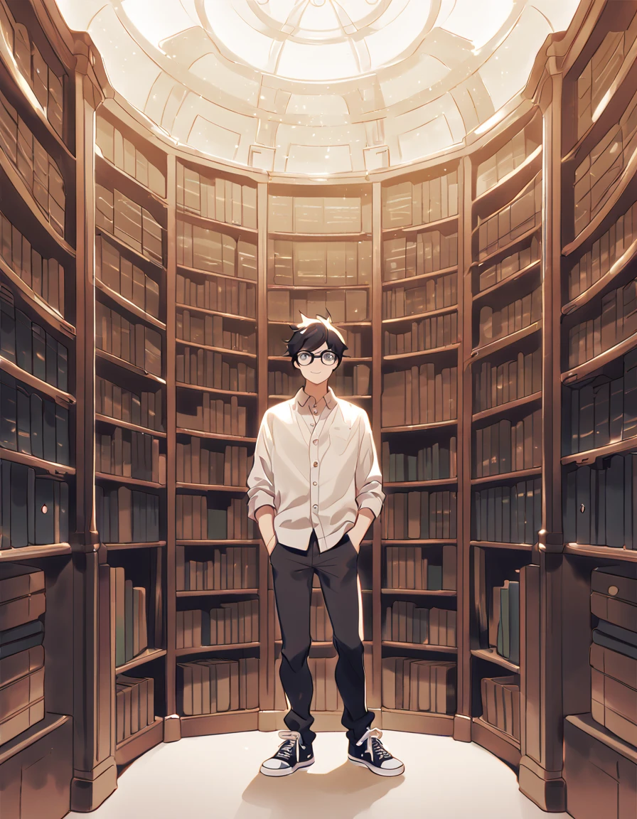 human, male, face:  adult, soft, loving eyes and black framed glasses. Body: average build but still fairly fit. Eyes: black. Hair: short, black, messy. Outfit: button down shirt, knitted vests, pants, all-star sneakers. environment: library surrounded by books