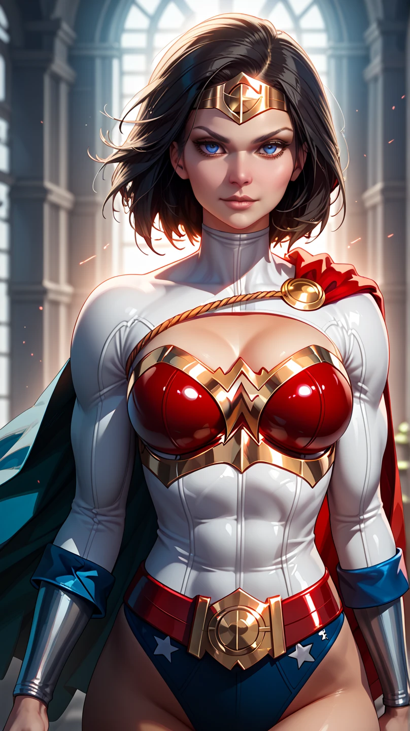 score_9, masterpiece, high quality, (Power Girl fusion merged With Wonder Woman), (white full suits with red breasts plate), (red and blue cape), sexy body, smooth skin, metropolitan scene, dynamic pose, combined outfits, (8K), (Dramatic Lighting), half body photo, Expressiveh