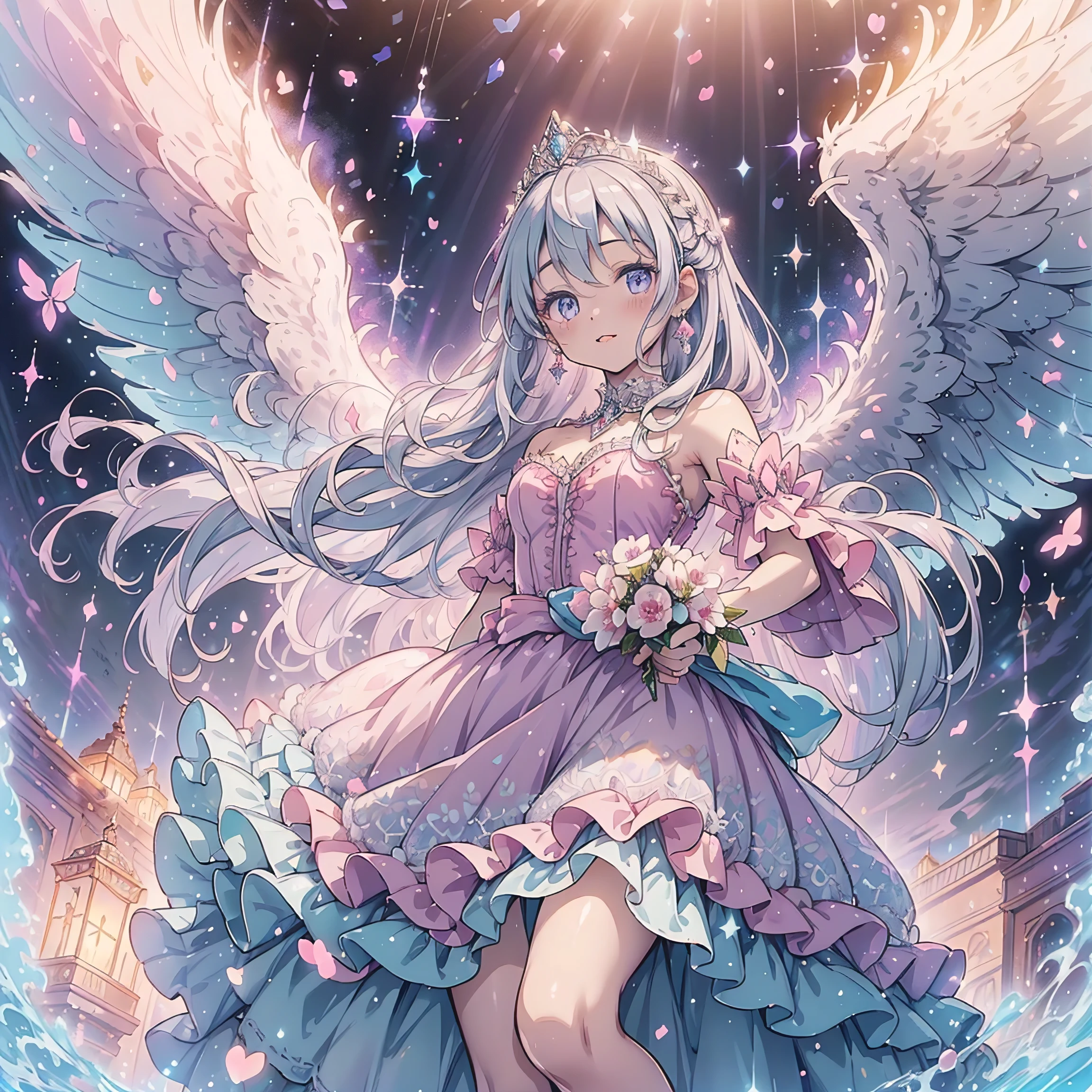 ( beautiful ,   beautiful  ,   Very detailed, masterpiece,   high quality  , Puzzled,    high resolution , Full HD, 16K, Soft Edge, Soft lines),(  dynamic angle),Flying in the air  ,    dramatic lighting    ,  pastel colors  ,  Soft Lighting  ,((Moonlight Night,  beautiful  月)),  starry sky  ,meteor群,meteor,(fairy tale princess,   Purple Eyes, Long eyelashes,  White Skin,,  Light Pink Full Lips ,  pale pink cheeks  , The wind is blowing,White fluffy hair,,(  ,Small nose),( Huge fairy wings grow from above her waist.:1.1),Silver decoration,Diamond crown ,Diamond Earrings,Diamond Earrings,  diamond necklace  ,( Silver Ball Gown :1.1),  Silver lace and frills  , (fantasy,   Romantic atmosphere    )
