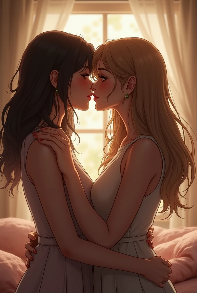 A lesbian couple kissing, one with long straight black hair and the other with neck-length blonde hair, Make it realistic 
