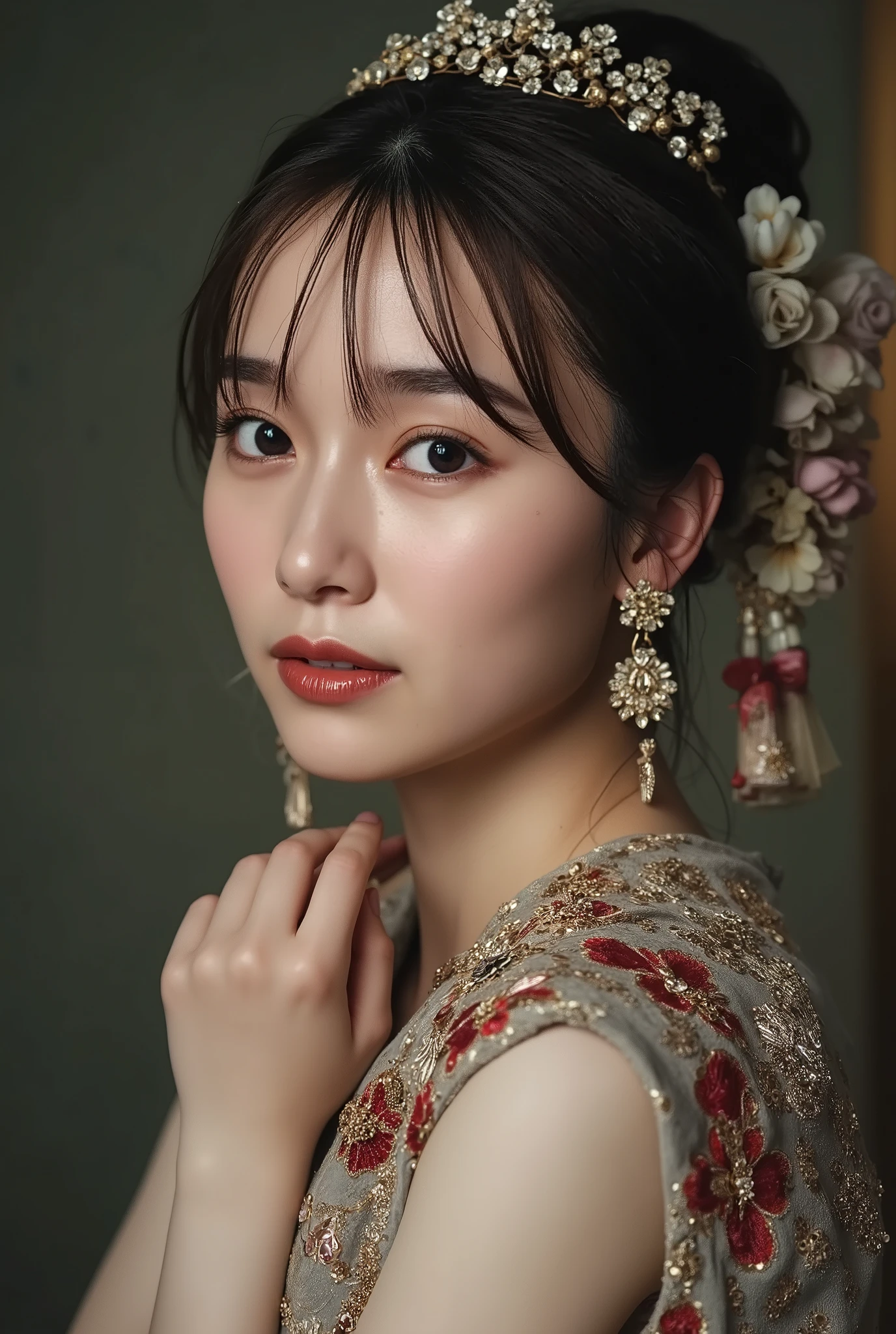 最 High Quality , masterpiece,  high res,  1 girl, china dress, hair accessories, necklace,   jewelry, beautiful faces,On top of that_body, tyndall effect, photorealistic,  dark studio,  rim lighting,  two-tone lighting,( Highly Detailed Skin :1.2),  8K Ultra HD ,  dslr ,  soft lighting on the body,  High Quality ,  Volumetric Lighting , Frank,   unvolume ,  high res, 4K, 8k, Bokeh,