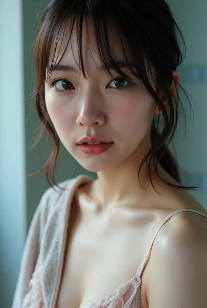 realistic photo, 25-year-old Japanese woman, tank top, eroded nipple, looking at the camera, from above, detailed face and body, natural lighting, high resolution, photorealistic, (best quality,8k, high res,masterpiece:1.2),ultra-detailed,(realistic, photorealistic,photo-realistic:1.37), realistic skin texture, detailed eyes, and lips, beautifully detailed face, long eyelashes, smooth skin, natural body shape