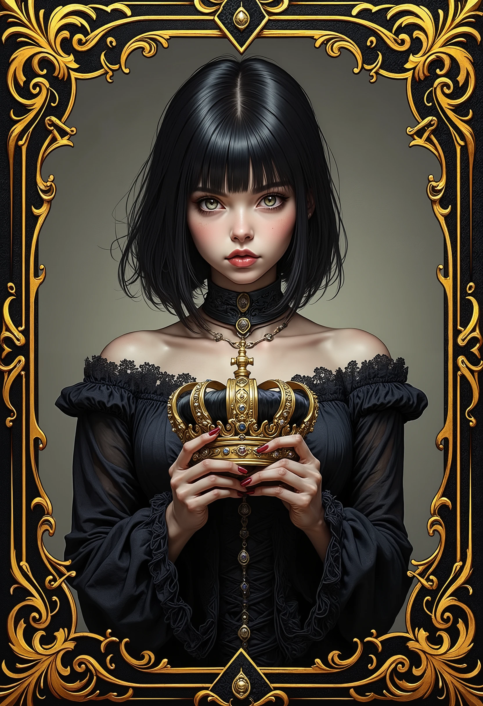 1 goth girl,  black hair,  short hair,  Gothic,  Quadro, gwentCB01_apple3142, holding a crown, capa de livro  Gothic,  arabesques in gold on the edges