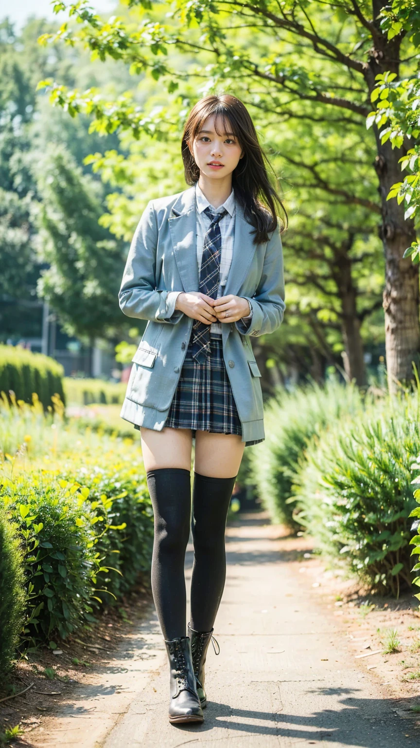 (8k、     RAW photos   、   top quality、masterpiece   :1.2)、(   realistic  、   realistic  )、1 person、((bangs、 ties、 shows shoulders、tights、 boots、Light blue jacket、Short sleeve、whole body、 Black Plaid Mini Skirt、 shows shoulders、Flower Field、Narrow waist、 curled hair 、  standing facing you   )、 cute