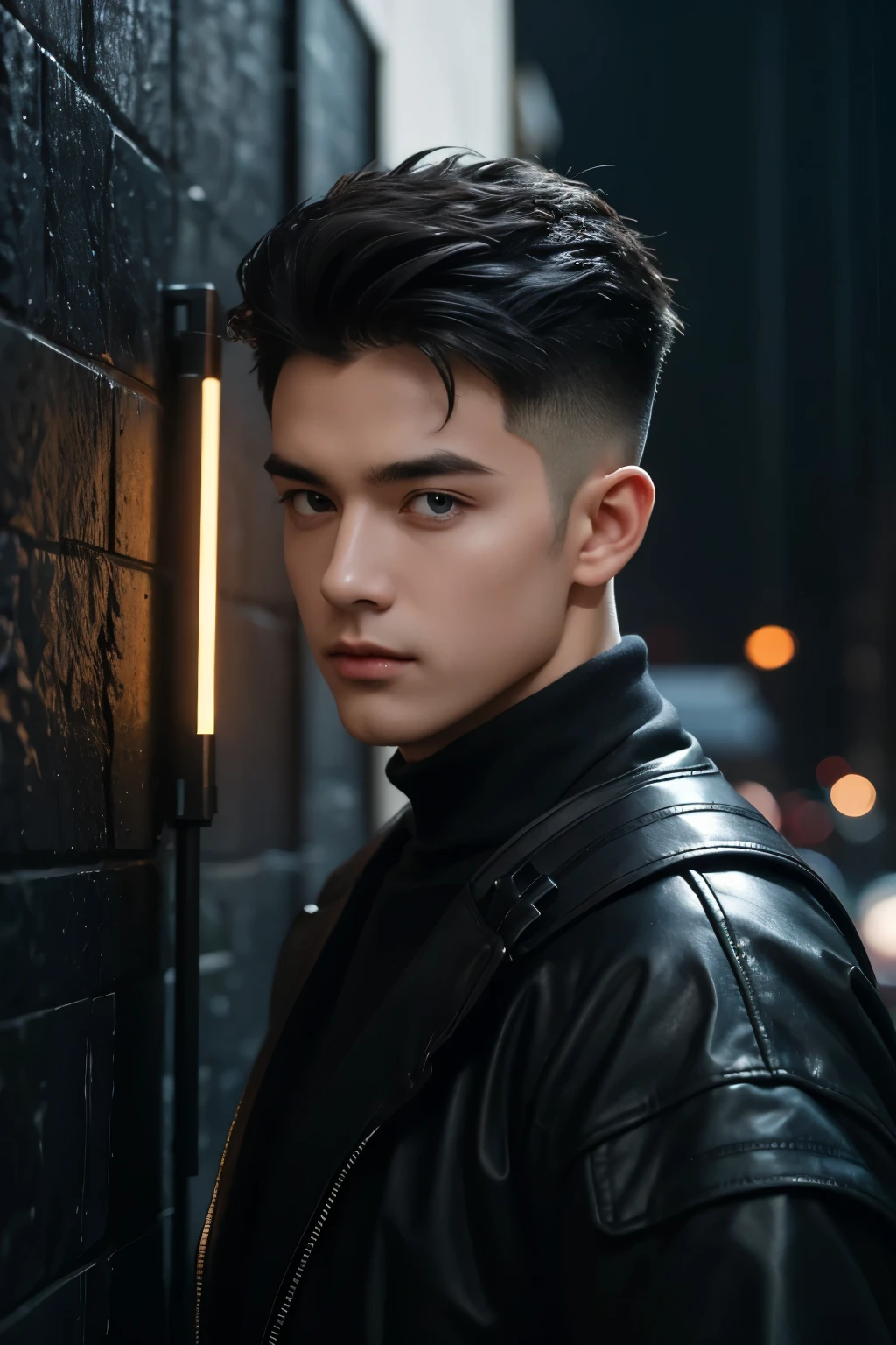 masterpiece, ((Men)) best quality, 1 male, small head, Rectangle face,european, handsome , Finish, adult, handsome, Broad shoulder, , ((perfect ( French crop and up spiky) Fade hairstyle)), very tall , Broad shoulder,  finely detailed eyes and Perfect face, extremely detailed CG unity 8k wallpaper, intricate details, [ wearing black leather and black shirt cloth  and black  pants, with black Backpack ), manly, Textured, ((leaning at wall on a Rainy at night city,  dark and lonely)), ambient, artistic, depth of field with , realism, Extremely detailed, Detailed, glow up, (best quality:1.5) film grain (midnight time ) auto focus, (detailed skin),cinematic photo,ambient, ultra camera, Very Amazing picture, (Wide shoot), amazing pose, auto focus, stunning, dream light, soft light, soft colour, High quality, bokeh effect, Attractive pose, skin detailed pores,  8k, 4k, best quality, retrato ultra quality, Perfect proportion anatomy, , glow up skin, wide shoot Mode, , HDR perfect texture,, full, glowing, textUred, ((