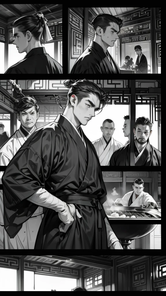 a group of photos of men in martial poses and a man with a sword, inspired by Liao Chi-chun, in the style of sifu 🔥 😎 🕹️ 👀 :2, inspired by Baiōken Eishun, inspired by Kanō Eitoku, 60s kung fu film, inspired by Zhu Da, 8K