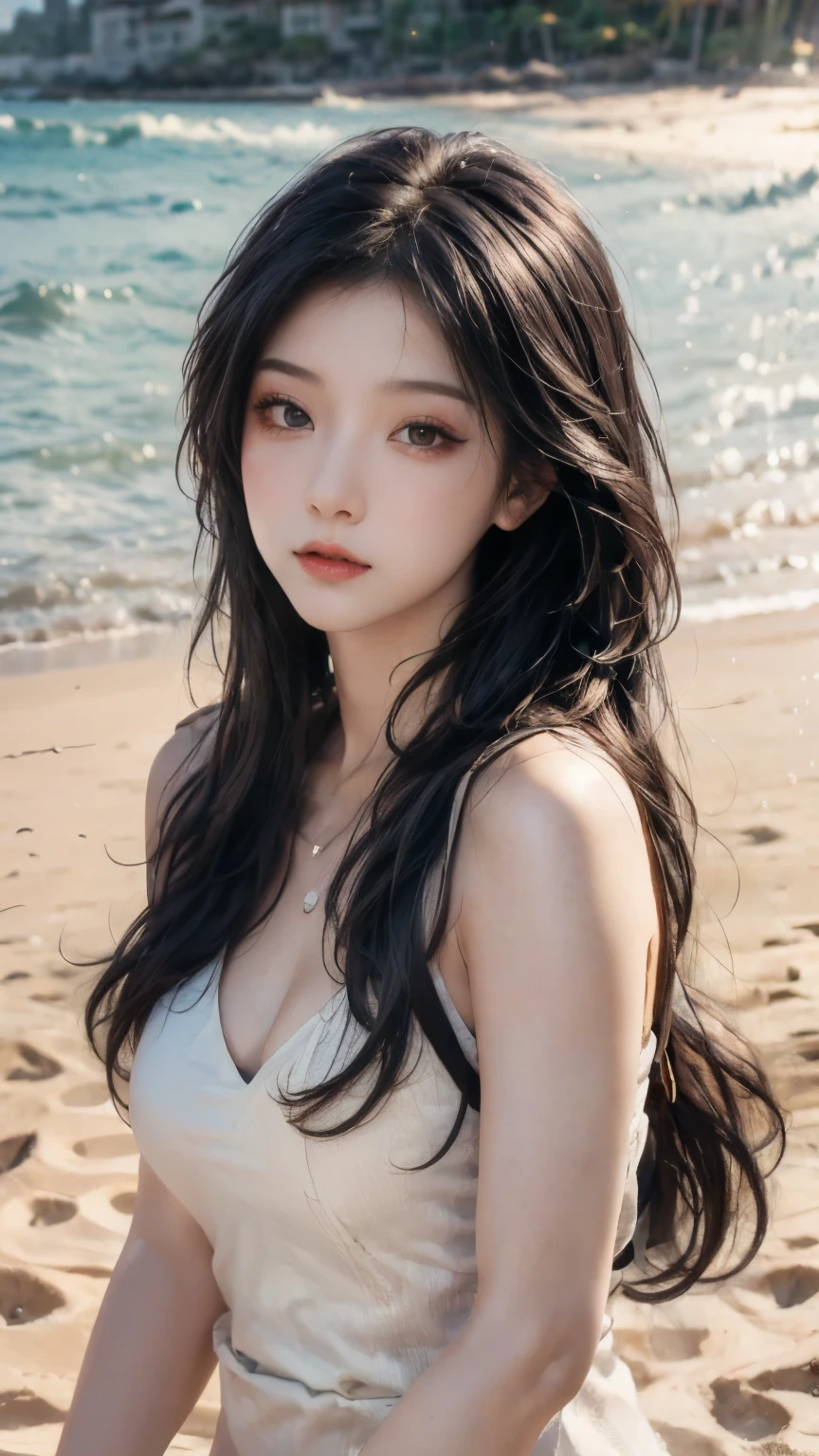 best quality,masterpiece,ultra high resolution,(actual:1.4),original photo,ultra high definition，8k，A perfect young female，in the dark，High picture quality，Black hair，Long hair flowing over the shoulders，Beach wave hairstyle，Hydrated red lips，Real Human，CG rendering