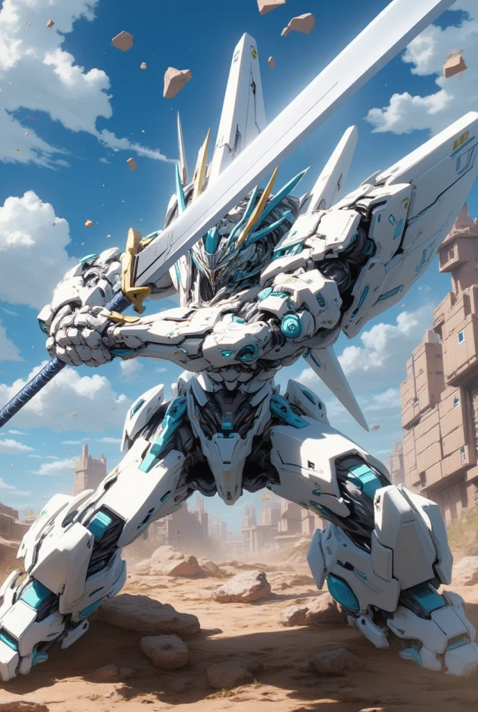 Score_9, Score_8_up, Score_7_up, highest quality, source_anime, highest quality, BREAK lion, robot, gladiator, face shield, horn, giant long sword, slash BREAK (from front), mecha, Mecha01, base color is white, accent color is light blue, slender, sharp, [hair], humanoid