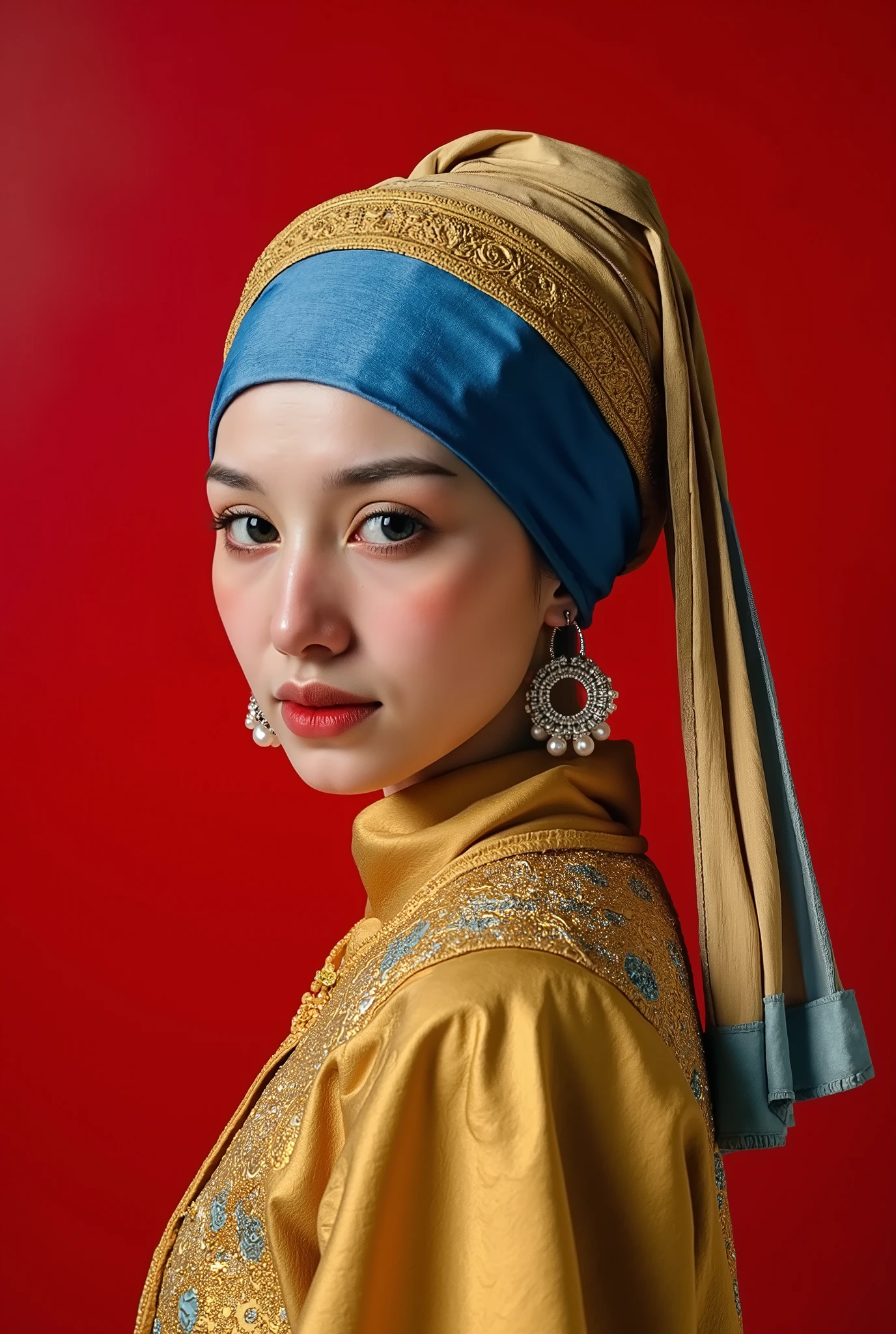 The image wallpaper art Girl with a Pearl Earring: A prompt for an image of the inspiration by Johannes Vermeer with cyberpunk outfit, which depicts a young woman in a red space wearing a blue and gold turban, a wear ((gold cyberpunk outfit cloth)), and a pearl earring, cyberpunk theme cloth. ((red solid simple_background)),