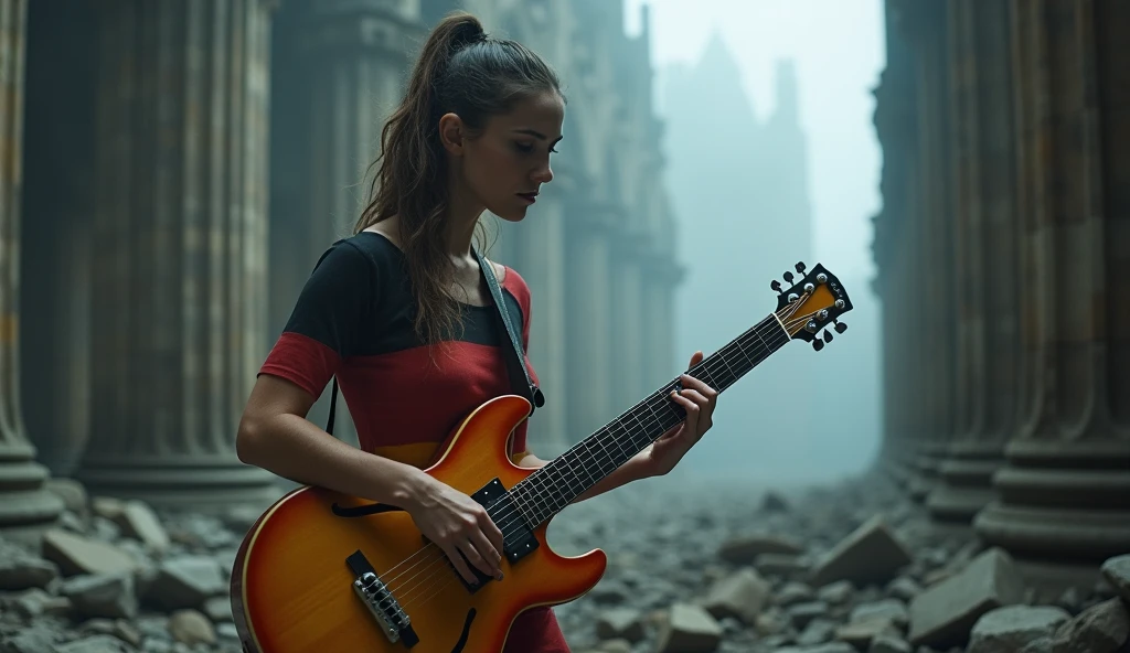 8k uhd, by Rebeca Saray, dusty particles depth of field, detailed BREAK 12 years hold girl whose beauty body long ared air youth, fantasy , surrounding trash, player mexican electric guitar deep red leather miniskirt sexy hotlegs