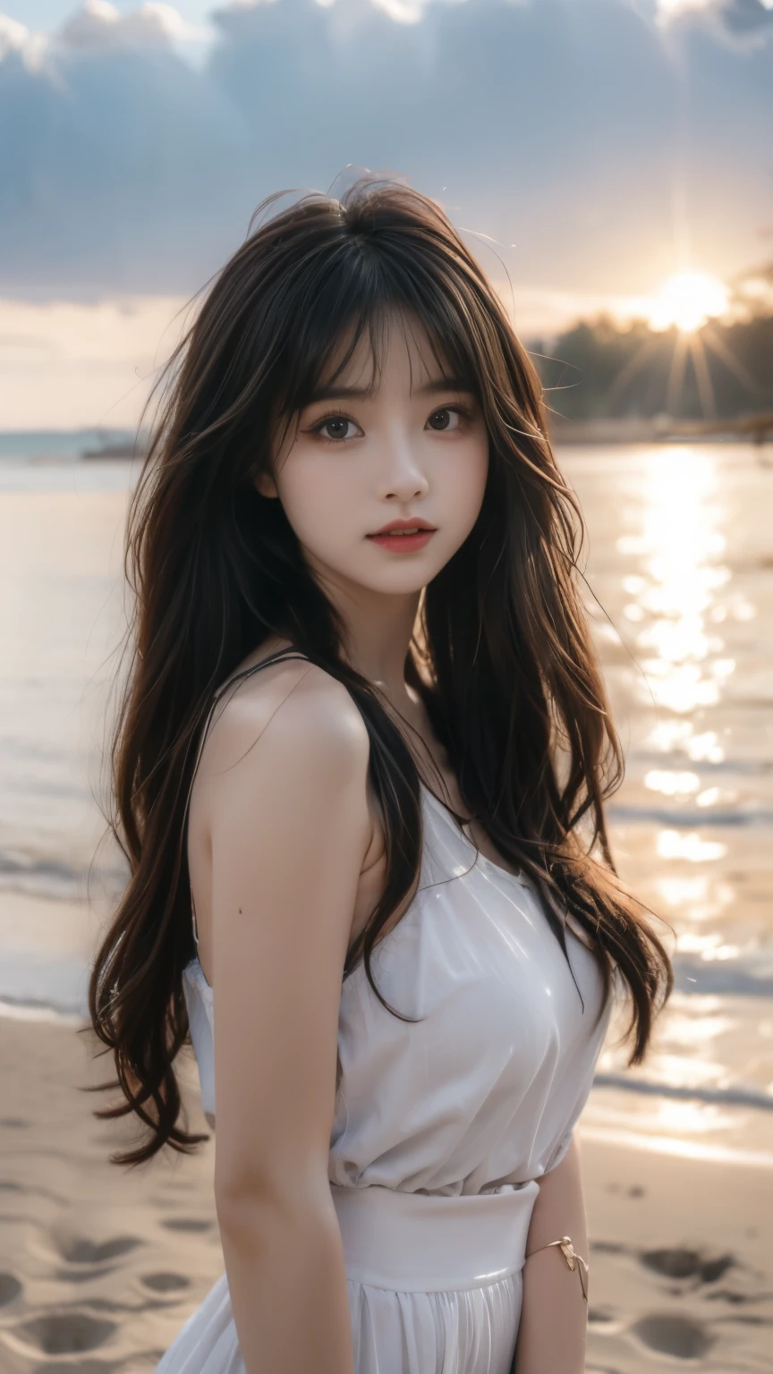 best quality,masterpiece,ultra high resolution,(actual:1.4),original photo,ultra high definition，8k，A perfect young female，in the dark，High picture quality，Black hair，Long hair flowing over the shoulders，Beach wave hairstyle，Hydrated red lips，Real Human，CG rendering