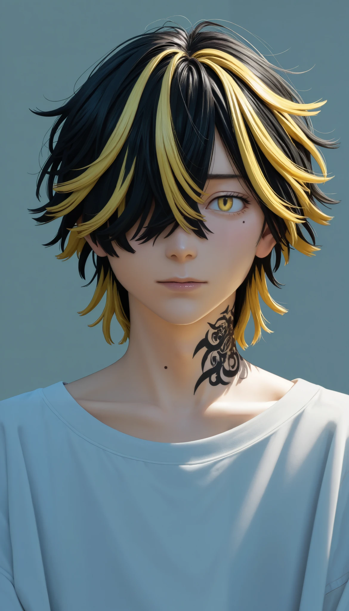 (masterpiece, best quality), best score, best anatomy, ultra deitailed, amazing quality, very aesthetic, realistic:1.4 absurdres, highres, 2024, newest, HDR, 8K, high detail RAW color art, high contrast, large pupil, eyelashes, shiny skin,
1boy, kazutora_hanemiya, blonde hair, yellow eyes, short hair, multicolored hair, two-tone hair, black hair, hair over one eye, bangs, tattoo, neck tattoo, mole, mole under eye
