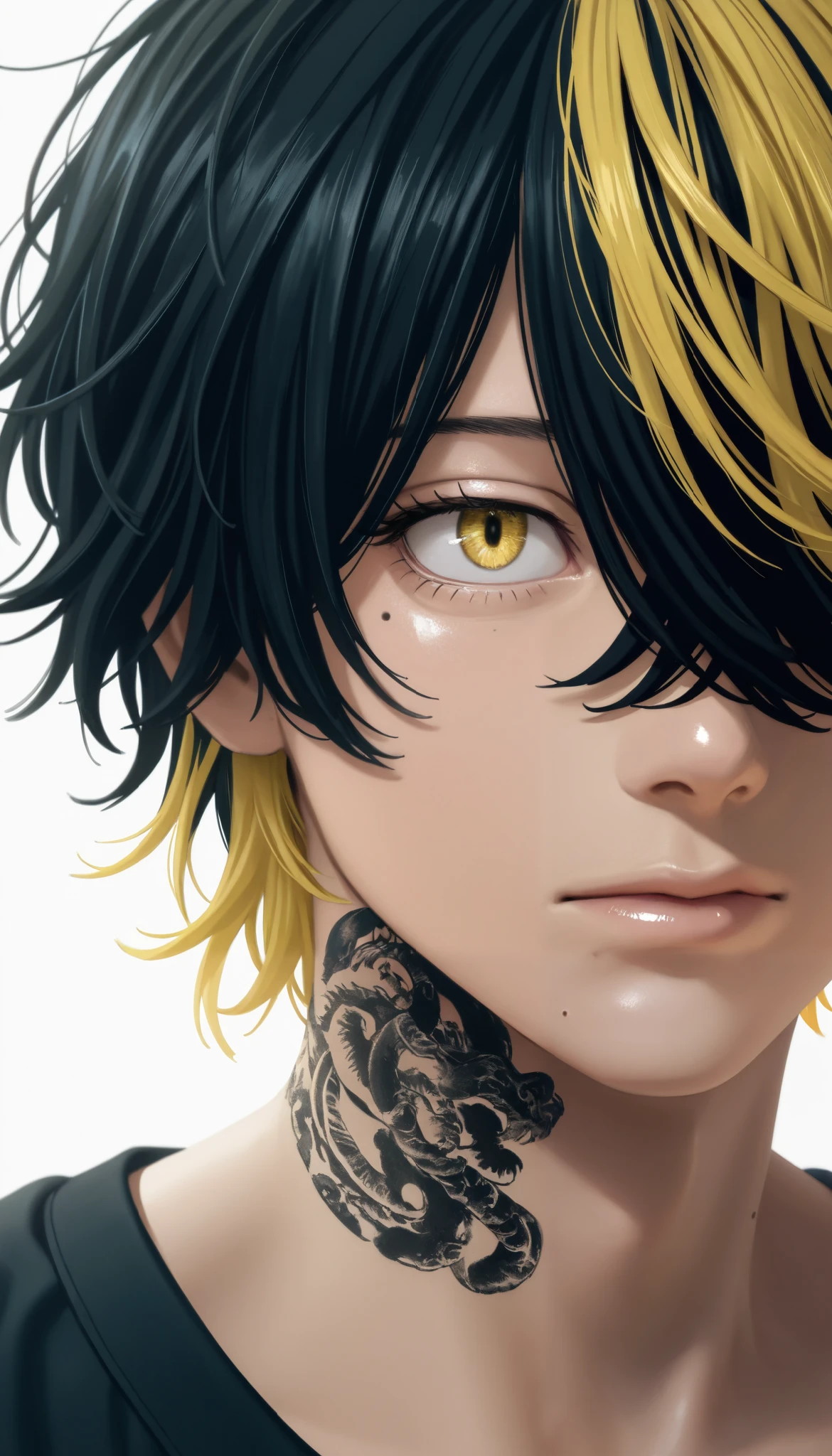 (masterpiece, best quality), best score, best anatomy, ultra deitailed, amazing quality, very aesthetic, realistic:1.4 absurdres, highres, 2024, newest, HDR, 8K, high detail RAW color art, high contrast, portrait, close up, large pupil, eyelashes, shiny skin,
1boy, kazutora_hanemiya, blonde hair, yellow eyes, short hair, multicolored hair, two-tone hair, black hair, hair over one eye, bangs, tattoo, neck tattoo, mole, mole under eye, semi_side-view,