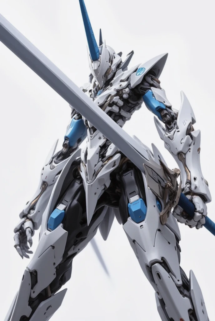 Score_9, Score_8_up, Score_7_up, highest quality, source_anime, highest quality, BREAK lion, robot, gladiator, face shield, horn, giant long sword, slash BREAK (from front), mecha, Mecha01, base color is white, accent color is light blue, slender, sharp, [hair], humanoid