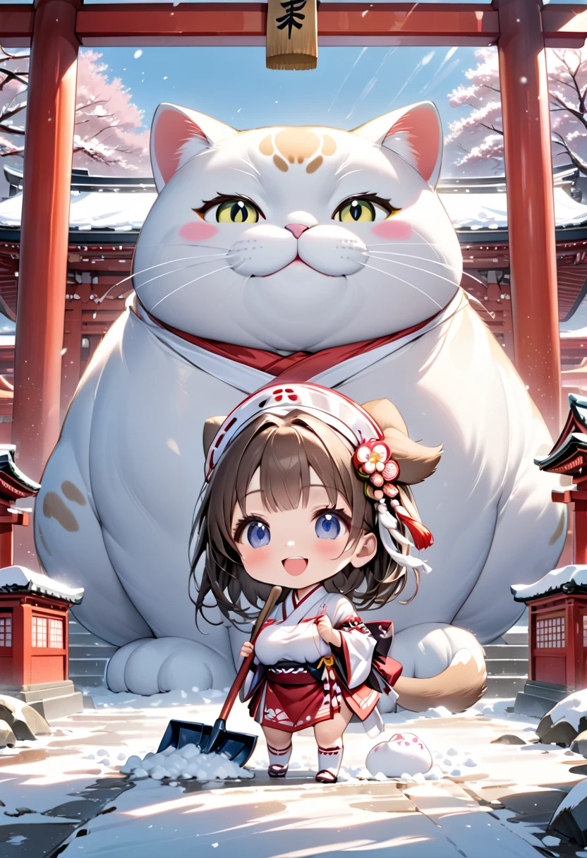 (masterpiece), (ultra-detailed), (best quality), (clear focus), dramatic scene, cinematic, shadow, (ultra-high resolution), (8k), perfect anatomy, perfect face, (detailed face), (detailed eye), (chibi:1.3), (cute Japanese chibi small girl:1.3), famous Japanese chibi idol but Japanese shrine maiden, very beautiful with cute but cool face, (the girl is wearing a cute miko costume:1.2), (large breasts), (She is shoveling snow in front of a shrine gate with her giant fat cat friends:1.3), holding a snow shovel, The heavily snow covered main shrine and five-story pagoda of a magnificent shrine, , warm winter sunshine, professional lighting, (the family of human-like giant fat cats is visiting the shrine:1.3), (detailed giant fat cat:1.3), (showing), leafless trees, they looks so happy, happy smile,