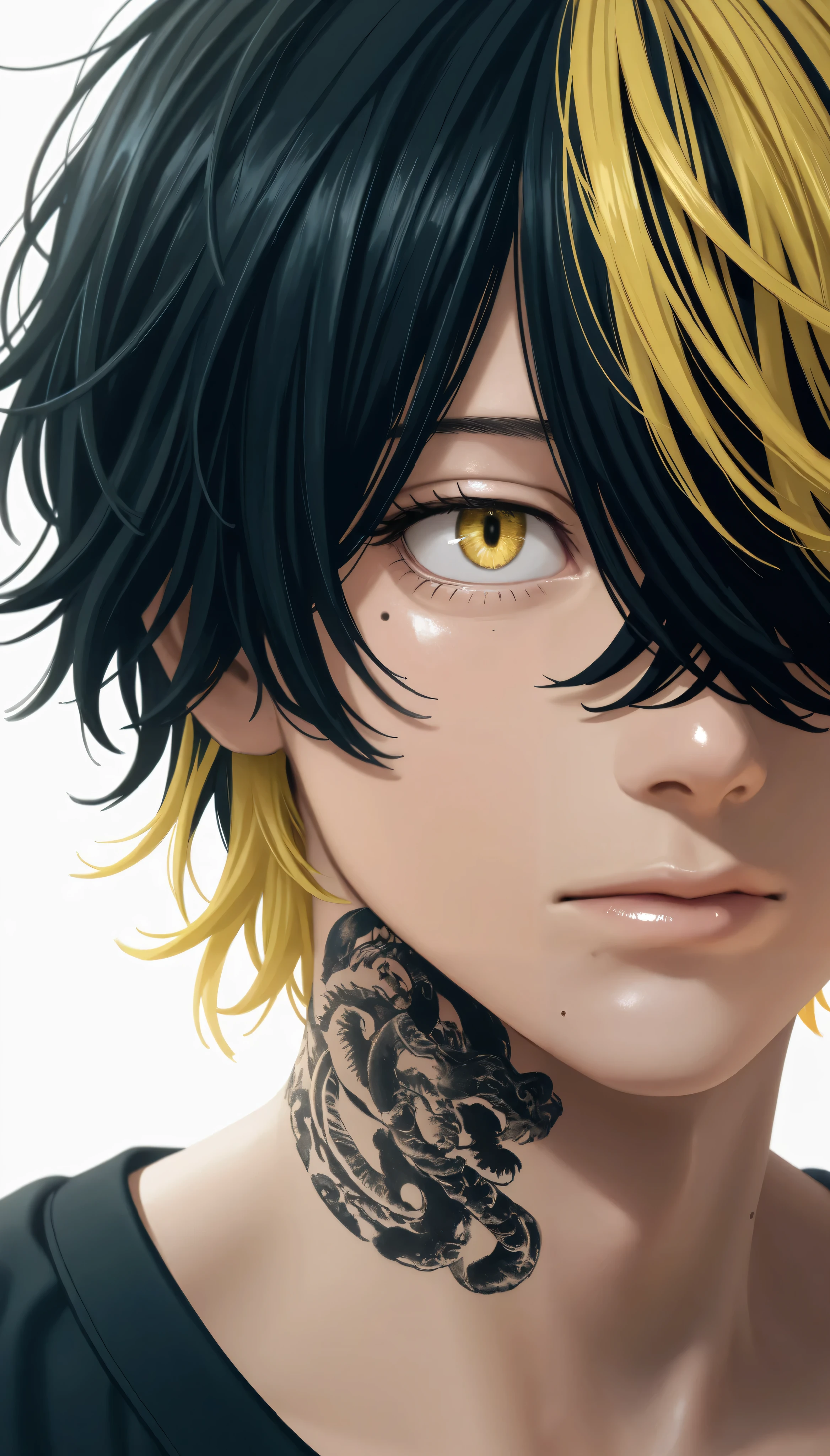 (masterpiece, best quality), best score, best anatomy, ultra deitailed, amazing quality, very aesthetic, realistic:1.4 absurdres, highres, 2024, newest, HDR, 8K, high detail RAW color art, high contrast, portrait, close up, large pupil, eyelashes, shiny skin,
1boy, kazutora_hanemiya, blonde hair, yellow eyes, short hair, multicolored hair, two-tone hair, black hair, hair over one eye, bangs, tattoo, neck tattoo, mole, mole under eye, semi_side-view,