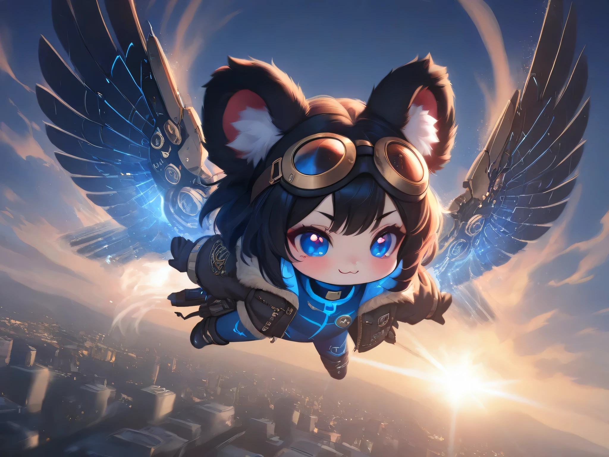 (One:1.2), 1girl\( big smile , Cute, (chibi:1.2), big eye, (Red eye:1.2), black fluffy fur koala ears , hair\(short hair,black hair, (Inner Color: blue:1.3)\), ( big wings \(classic (steam punk :1.2) Mechanical wing\):1.2), ( worn flight jacket \(best-pilots \):1.2), , Leather short boots , Holster on the legs, steam punk pilot goggles, dynamic pose ,(flying:1.3), in the sky \). dynamic angle , The long plan . BREAK .background\( high-altitude sky , futuristic planes , futuristic cityscape . steampunk movie screenshot \). BREAK .quality\(8 k,wallpaper с очень детализированным CG юнитом, high resolution , top-quality, top-quality real texture skin, hyperrealistic , increase resolution , RAW Фотографии, best quality, highly detailed , wallpaper, golden ratio, , high-intensity realism , bright colors, Dramatic lighting , , compelling storytelling , atmospheric scenery , breathtaking visual effects , intricate details , strong emotions, fairy tale world\).( motion blur :1.3)