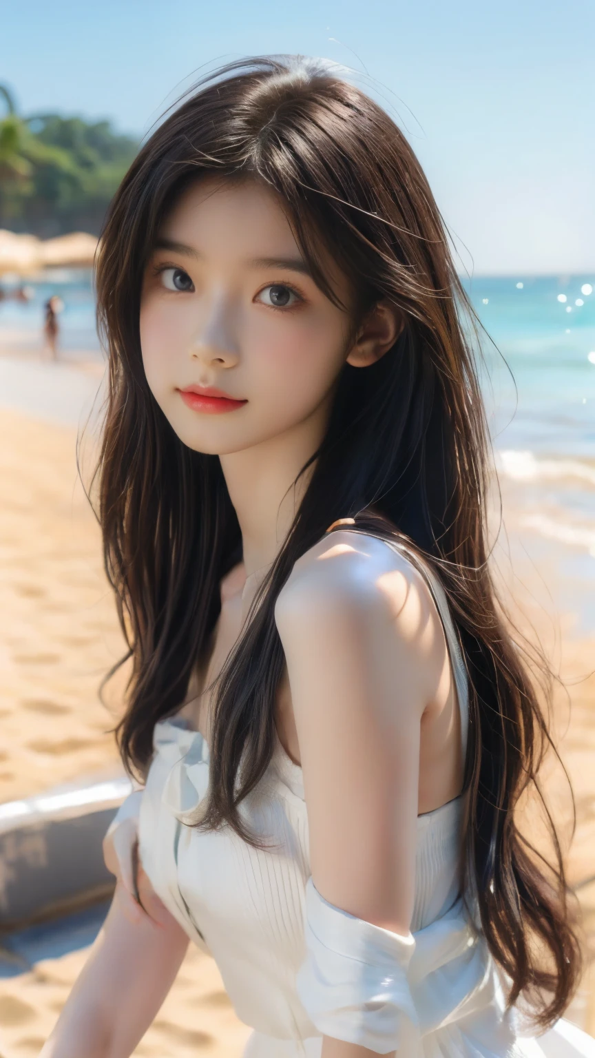 best quality,masterpiece,ultra high resolution,(actual:1.4),original photo,ultra high definition，8k，A perfect young female，Chinese，High picture quality，Works of masters，Black hair，Long hair flowing over the shoulders，Beach wave hairstyle，cropped shoulders，clavicle，exquisite face，Hydrated red lips，Real Human，CG rendering，16k，，Close-up shot