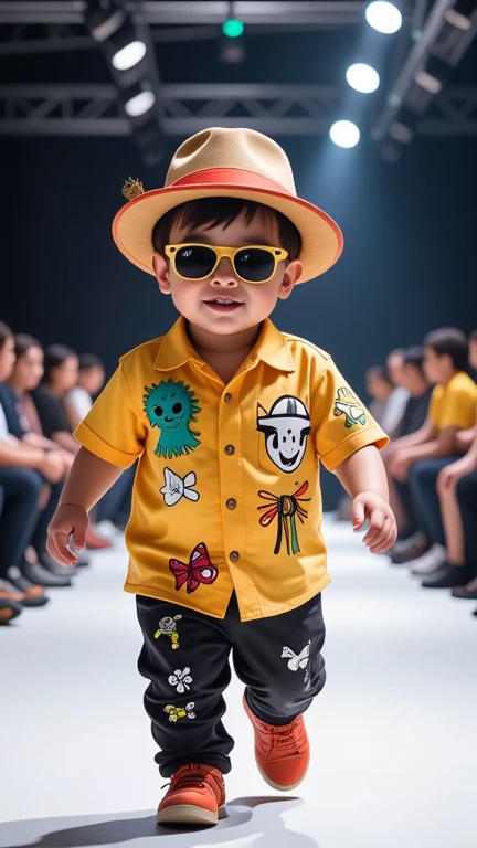 "Ultra-realistic 3D image of a cute, chubby, and adorable Indonesian baby boy, walking confidently down a fashion catwalk. He is wearing an eccentric and stylish outfit, including a quirky hat, funky sunglasses, a bold shirt with unique patterns, and attention-grabbing pants. His joyful smile and playful expression shine as he struts down the runway, attracting all eyes on him. The background features excited spectators sitting along the sides of the catwalk, creating a vibrant and energetic atmosphere. The scene is captured in stunning 8K resolution, highlighting the baby boy's fun style and the excitement of the fashion show."

