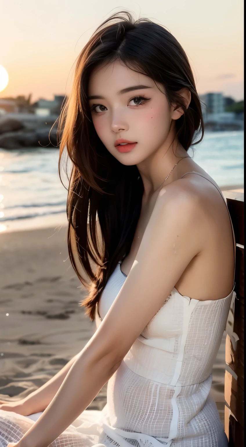 Mustepiece, top quality, illustration, ultra-definition, fine details, high resolution, 8K wallpaper, perfect dynamic composition, beautiful detailed eyes, wearing a dress, natural color lips, beach, random cute pose, perfect and beautiful face , cute, sexy face, sunset, feminine face