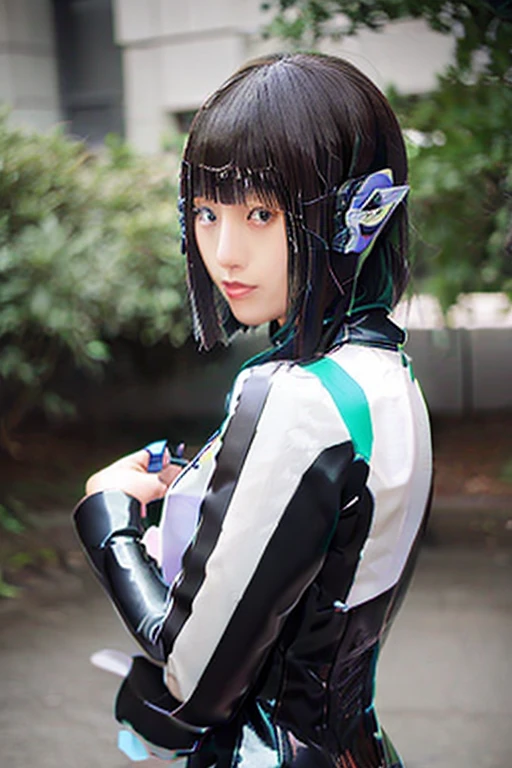 A woman is interviewing a female student 。 a female student is wearing a latex catsuit。 Cat ears carrying an attache case