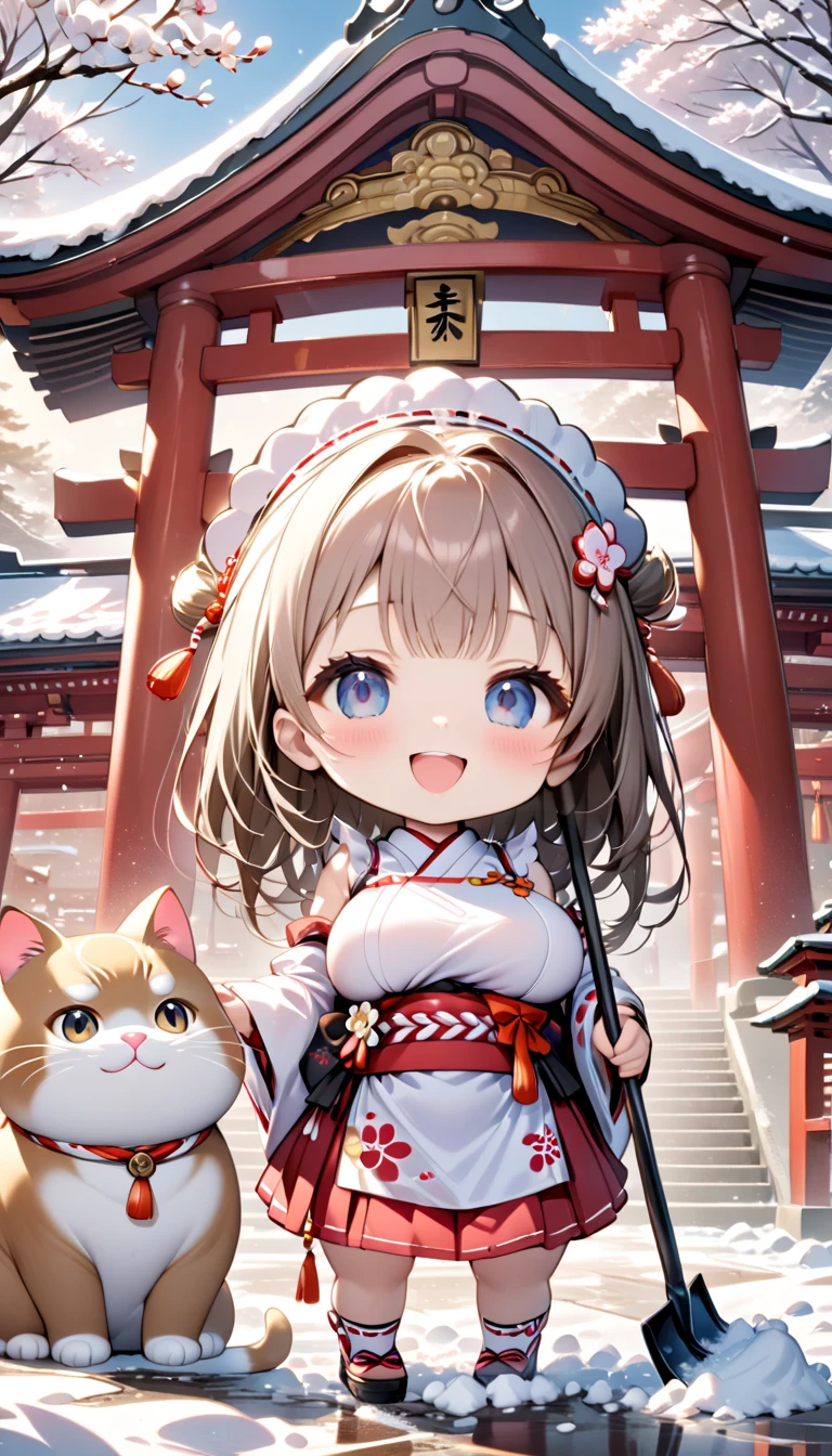 (masterpiece), (ultra-detailed), (best quality), (clear focus), dramatic scene, cinematic, shadow, (ultra-high resolution), (8k), perfect anatomy, perfect face, (detailed face), (detailed eye), (chibi:1.3), (cute Japanese chibi small girl:1.3), famous Japanese chibi idol but Japanese shrine maiden, very beautiful with cute but cool face, (the girl is wearing a cute miko costume:1.2), (large breasts), (She is shoveling snow in front of a shrine gate with her giant fat cat friends:1.3), holding a snow shovel, The heavily snow covered main shrine and five-story pagoda of a magnificent shrine, , warm winter sunshine, professional lighting, (the family of human-like giant fat cats is visiting the shrine:1.2), (detailed giant fat cat:1.2), (showing), leafless trees, they looks so happy, happy smile,