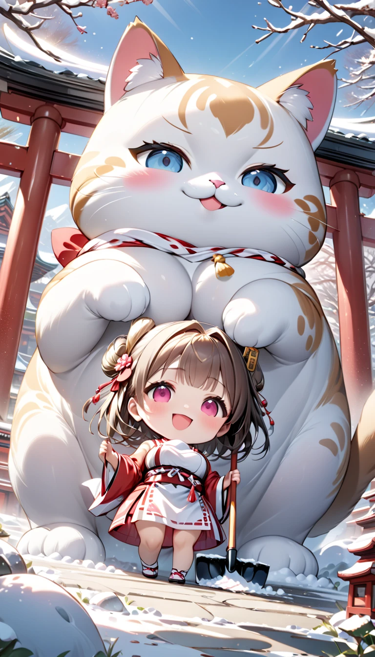 (masterpiece), (ultra-detailed), (best quality), (clear focus), dramatic scene, cinematic, shadow, (ultra-high resolution), (8k), perfect anatomy, perfect face, (detailed face), (detailed eye), (chibi:1.3), (cute Japanese chibi small girl:1.3), famous Japanese chibi idol but Japanese shrine maiden, very beautiful with cute but cool face, (the girl is wearing a cute miko costume:1.2), (large breasts), (She is shoveling snow in front of a shrine gate with her giant fat cat friends:1.3), holding a snow shovel, The heavily snow covered main shrine and five-story pagoda of a magnificent shrine, , warm winter sunshine, professional lighting, (the family of human-like giant fat cats is visiting the shrine:1.2), (detailed giant fat cat:1.2), (showing), leafless trees, they looks so happy, happy smile,