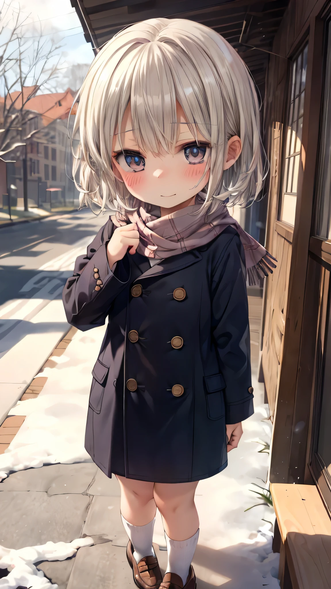 ((masterpiece, sidelighting, finely detailed beautiful eyes: 1.2)), (anatomically collect:1.3), Extremely cute, (extremely detailed beautiful face), (Authentic skin texture:1.4), (outdoor, winter, snowy landscape, park:1.2), (1  girl:1.8), (Loli:1.8), (small stature, petite body:1.8), (flat chest), (short black hair), ahoge, (duffel coat, woolen scarf:1.2), (socks, loafer:1.2), (blush cheek:1.4), (shy, happy), (face focus:1.2), standing