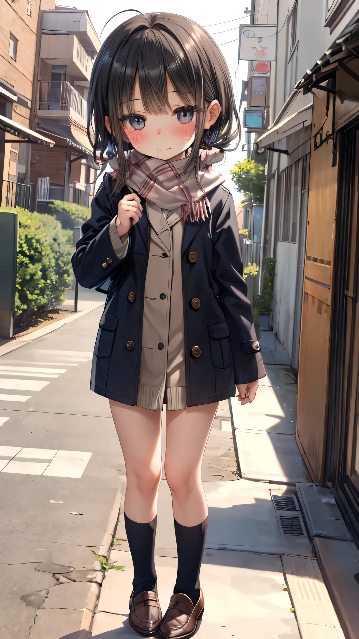 ((masterpiece, sidelighting, finely detailed beautiful eyes: 1.2)), (anatomically collect:1.3), Extremely cute, (extremely detailed beautiful face), (Authentic skin texture:1.4), (outdoor, winter, snowy landscape, park:1.2), (1 lower elementary school student toddler girl:1.8), (Loli:1.8), (small stature, petite body:1.8), (flat chest), (short black hair), ahoge, (duffel coat, woolen scarf:1.2), (socks, loafer:1.2), (blush cheek:1.4), (shy, happy), (face focus:1.2), standing