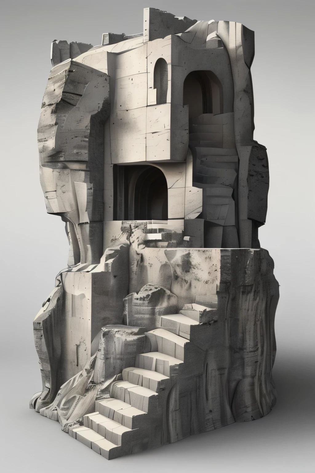 masterpiece , Better quality,landscape,Sculpture,project, Raymond Duchamp-Villon style , Rock and Celtic Ruins , Create as if it were a full 3D prop rendering , scene on a white background as a 3D rendering of a 3D game development concept reference