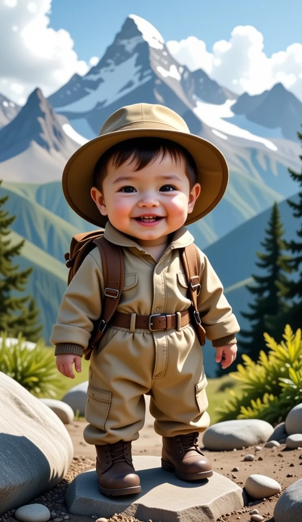 "Ultra-realistic 3D image of a cute, chubby, and adorable Australian baby boy, smiling happily while wearing a hiking hat, a comfy outdoor hiking outfit, and a tiny backpack. He is posing as if exploring the rugged terrain of a mountain, with stunning peaks, lush greenery, and clear skies in the background. His outfit is designed for adventure, with durable boots and a playful, curious expression. The peaceful, scenic atmosphere of the mountains adds to the charm of the scene, all captured in stunning 8K resolution."
