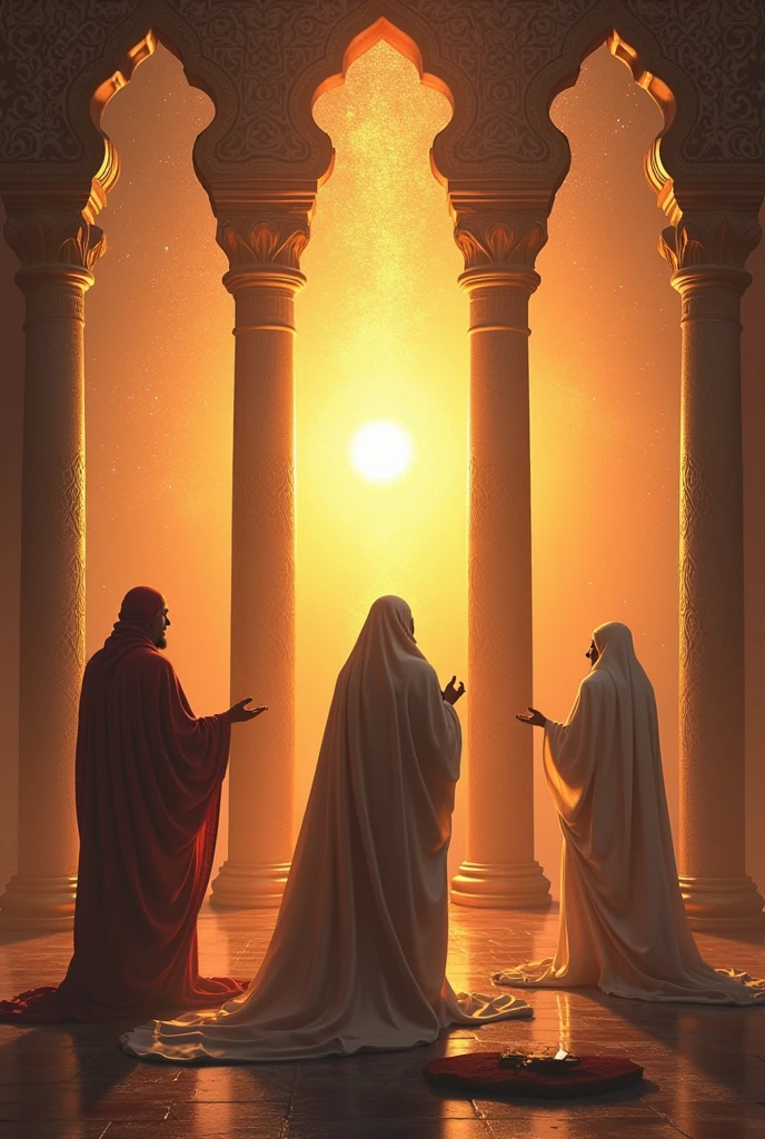 In the image, enlightened spirits illuminating a spiritist meeting with participants in the desert, showing in the image transmission of messages between the spiritual and physical planes, a lot of concentration of the participants and lights of the spirits