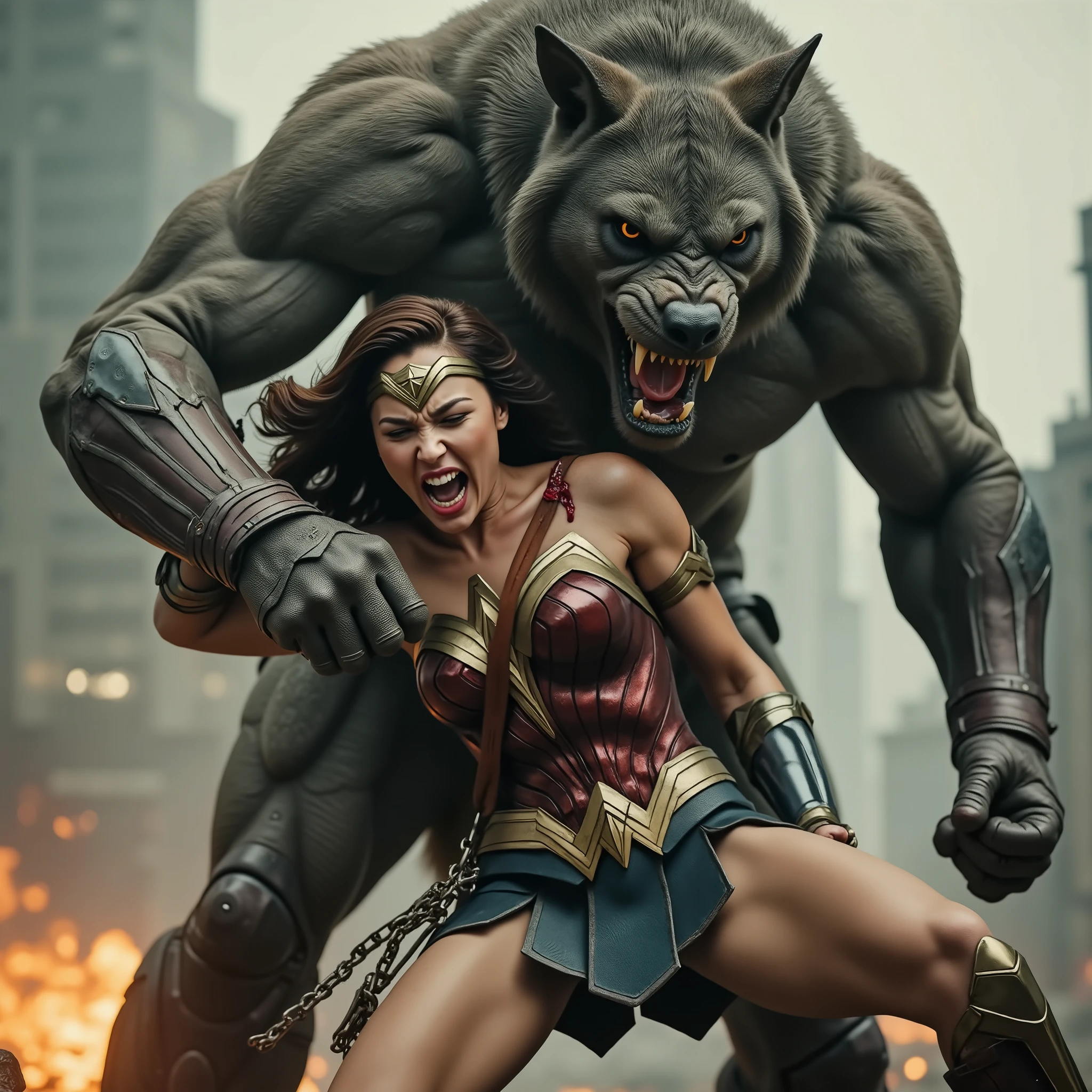 Gal Gadot is Wonder woman, fighting with the Steppenwolf, a very beautiful Korean face, very bright white skin, brown hair, leather fabric short skirt, dirty body, her arms are bounded by chain behind her back, she is defeated, the Steppenwolf severely assault from front of wonder woman, a huge body fierce Steppenwolf is gripping her neck and bite Wonder woman, the Steppenwolf is taller than Wonder woman, blood on her neck, painful face, she is screaming in pain, photorealistic, hyper realistic, whole body visible, ancient myth war,