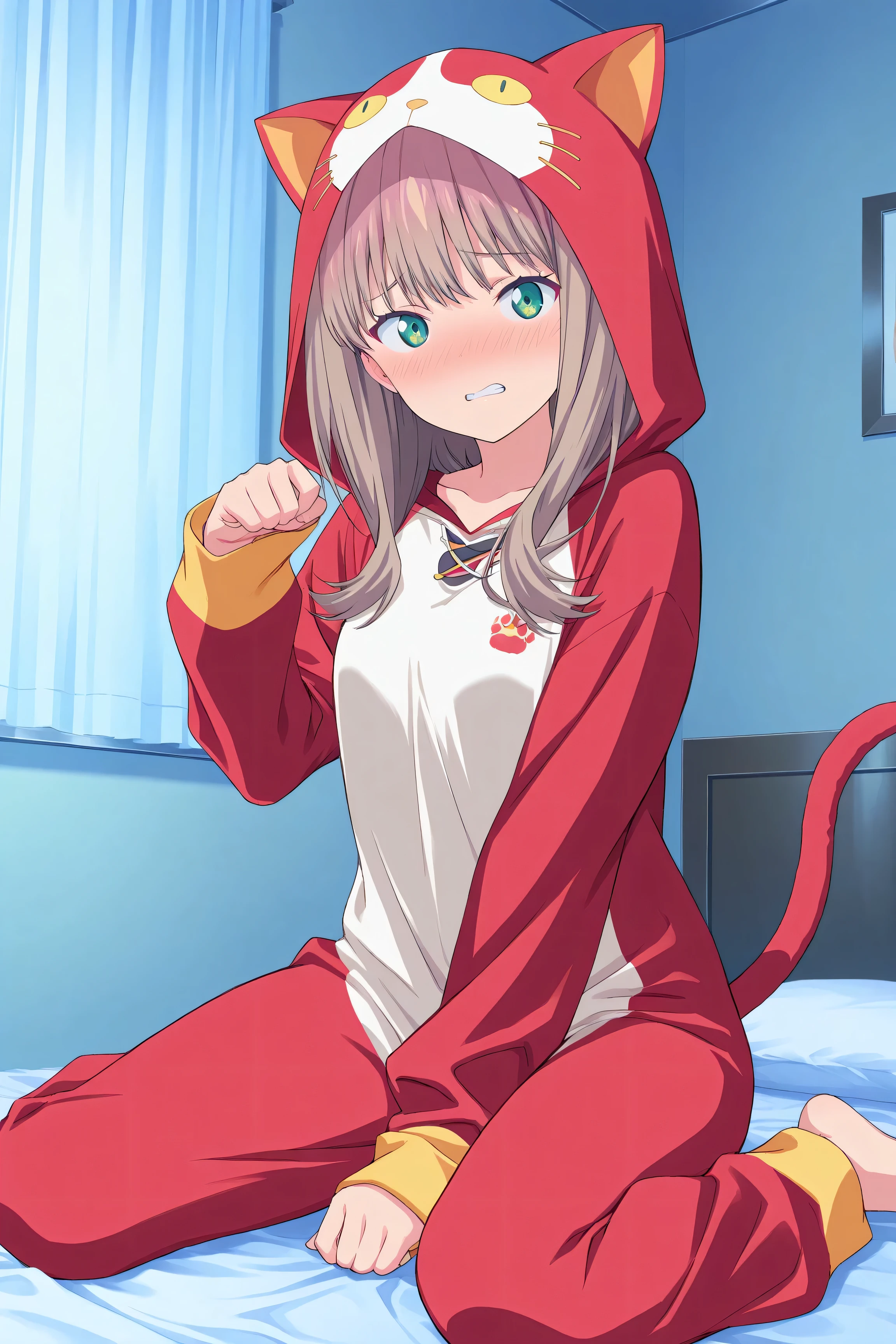 masterpiece,best quality,game cg, 1girl, solo, ssss.dynazenon, minami_yume,gridman_universe, brown_hair, green_eyes, cat kigurumi, paw pose, wariza on bed, indoors, bedroom, blush, nose blush, clenched teeth,