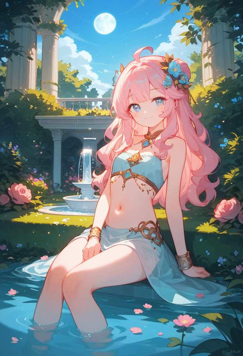 (masterpiece), best quality, highres, ultra-detailed, pastel colors, Girl with long semi-wavy pink hair, tender and bright light blue eyes, Small breasts, adorable blush, adorable face, Tender and adorable body, , wearing nymph robes, in a garden sitting in a fountain of water and flowers, smile, moon, navel, jewelry, looking at the viewer, bracelet, smile,