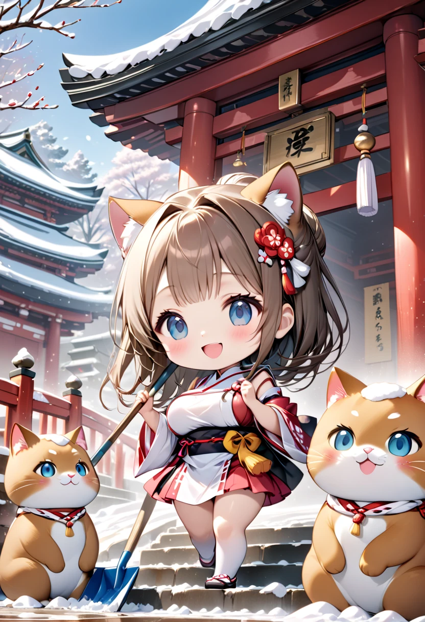 (masterpiece), (ultra-detailed), (best quality), (clear focus), dramatic scene, cinematic, shadow, (ultra-high resolution), (8k), perfect anatomy, perfect face, (detailed face), (detailed eye), (chibi:1.3), (cute Japanese chibi small girl:1.3), famous Japanese chibi idol but Japanese shrine maiden, very beautiful with cute but cool face, (the girl is wearing a cute miko costume:1.2), (large breasts), (She is shoveling snow in front of a shrine gate with her giant fat cat friends:1.3), holding a snow shovel, The heavily snow covered main shrine and five-story pagoda of a magnificent shrine, , warm winter sunshine, professional lighting, (the family of human-like giant fat cats is visiting the shrine:1.3), (detailed giant fat cat:1.2), (showing), leafless trees, they looks so happy, happy smile, wide shot