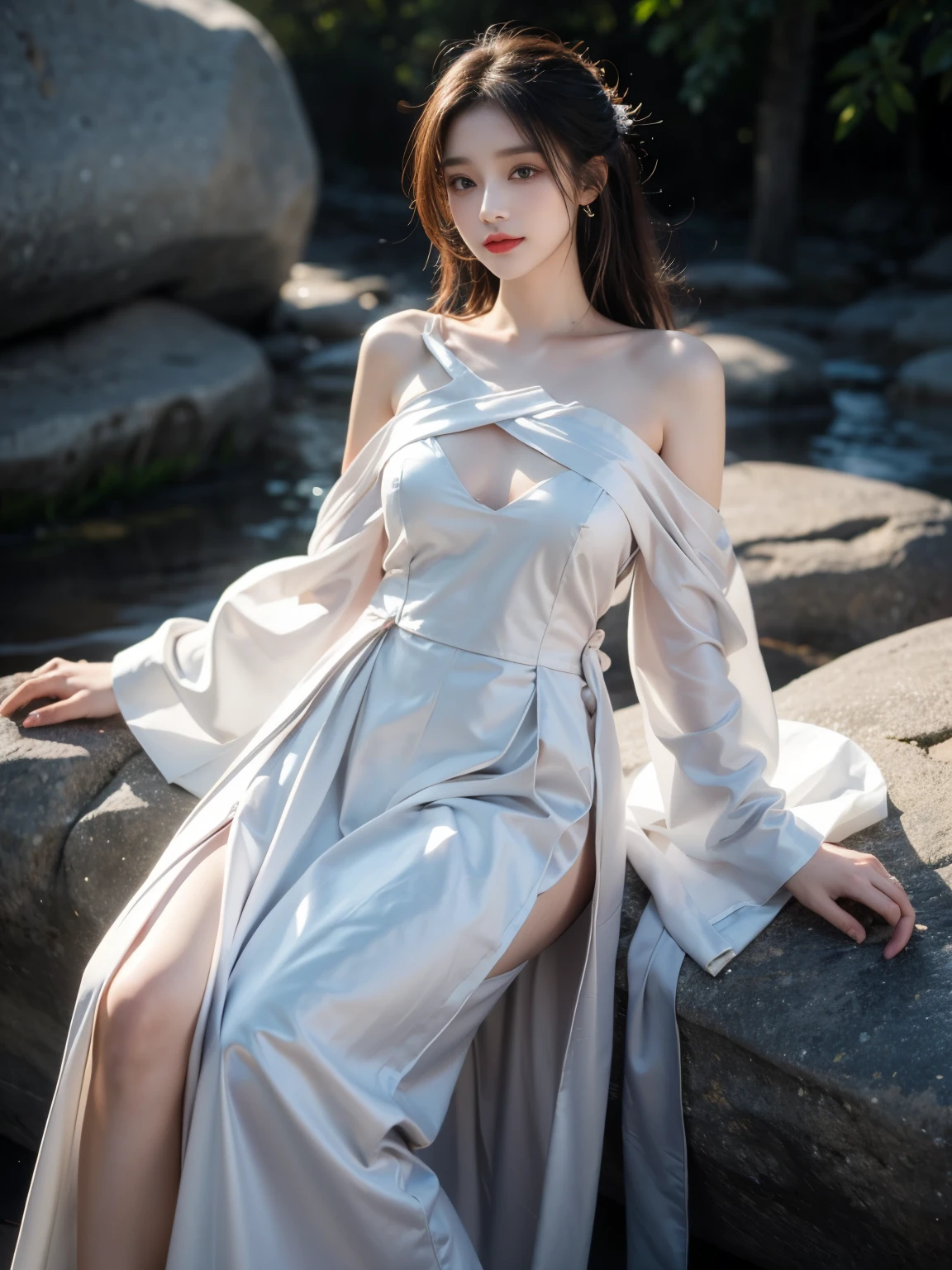 hanfu-song, Hanfu, song theme, try, Pipe top, ((bare shoulders)), ((whole body)), actual, Fashion girl, red lips, aldult, cosmetic, big eyes, beautiful eyes, ((whole body)), ((from below)), (best quality, masterpiece:1.2), super detailed, (actual:1.37), ((Sexy long legs)), beautiful, young and energetic, Charming model with (exquisite eyes, Detailed lips, extremely exquisite eyes), Show a bright smile, Create stunning girl images, warm color, Extremely high color saturation, official art, Extremely detailed CG unified 8k wallpaper,(high dynamic range :1.4), (Work),(pastel colors, The color is dull, soothing tone :1.3), (natural skin texture, ultra-actual, soft light, sharp),(Very detailed), night, moonlight, ((in the mountains, plant, Leaning against the rocks))